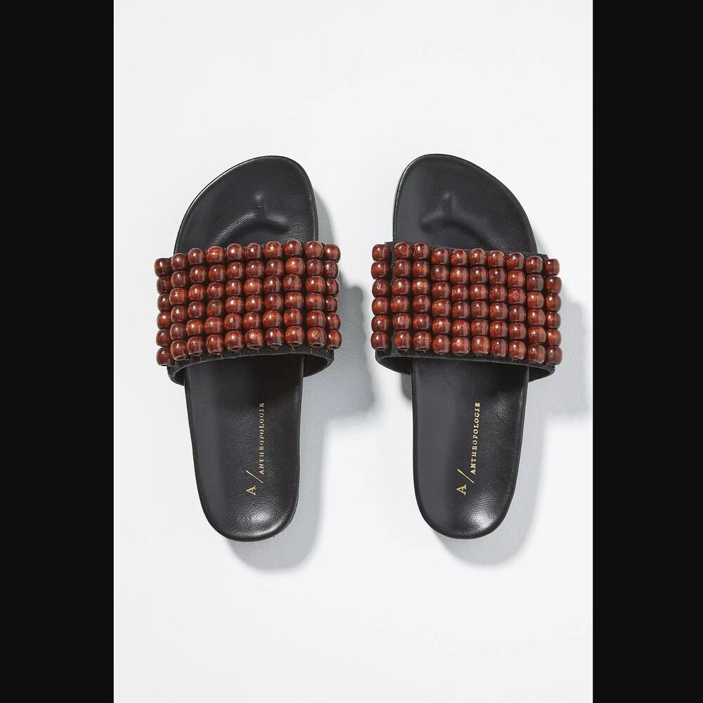 NWT Anthropologie Beaded Brown Slide Sandals - Size 8 - Picture 3 of 6